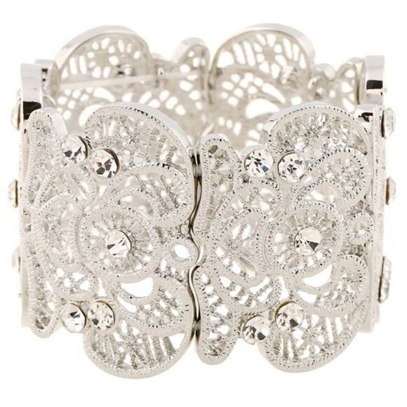BijouStudios Bracelets Jewelry - Silver Lace Filigree Crystal Cuff Bracelet